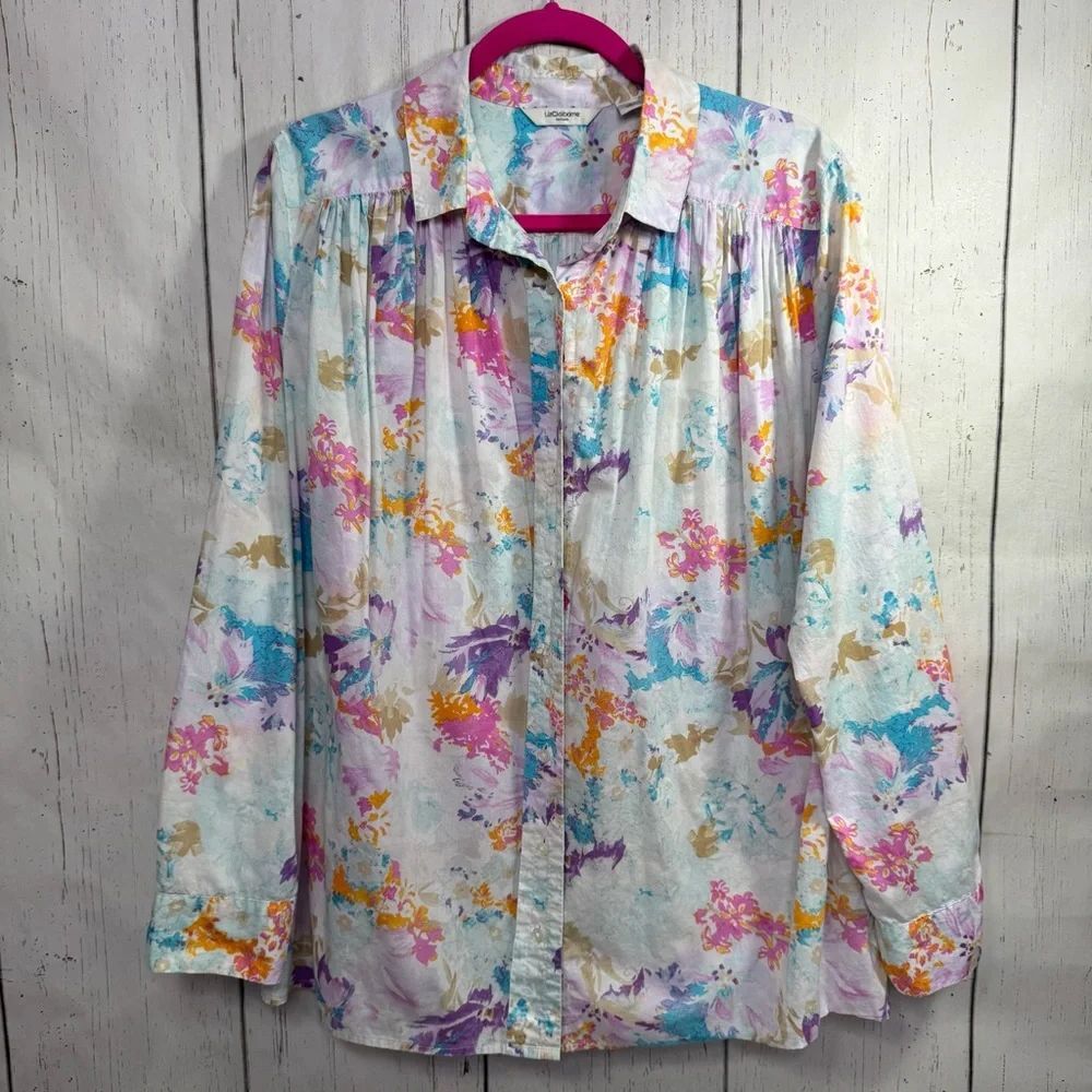 Liz Claiborne New York Floral Button Front Shirt Cotton Blouse Cottagecore 16
